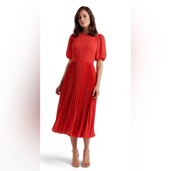 Forever New Dresses & Skirts - EVERNEW - Charlotte Red Puff Sleeve Pleated Midi Dress